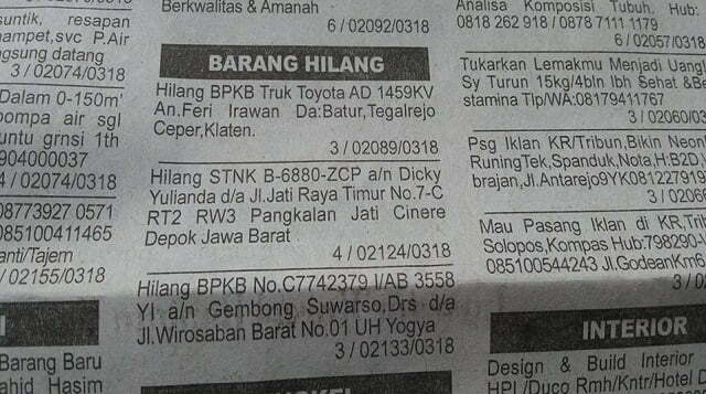 contoh iklan pengumuman barang hilang