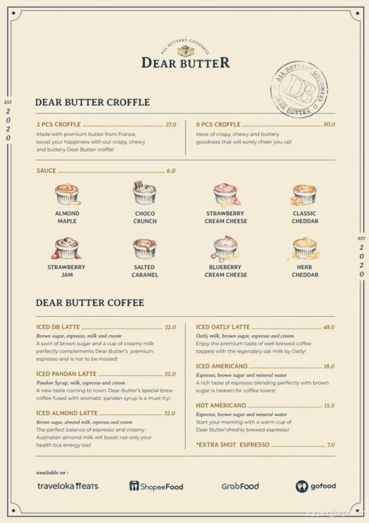 menu dear butter