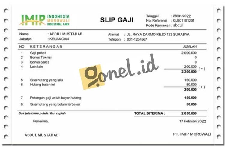 contoh slip gaji pt imip morowali